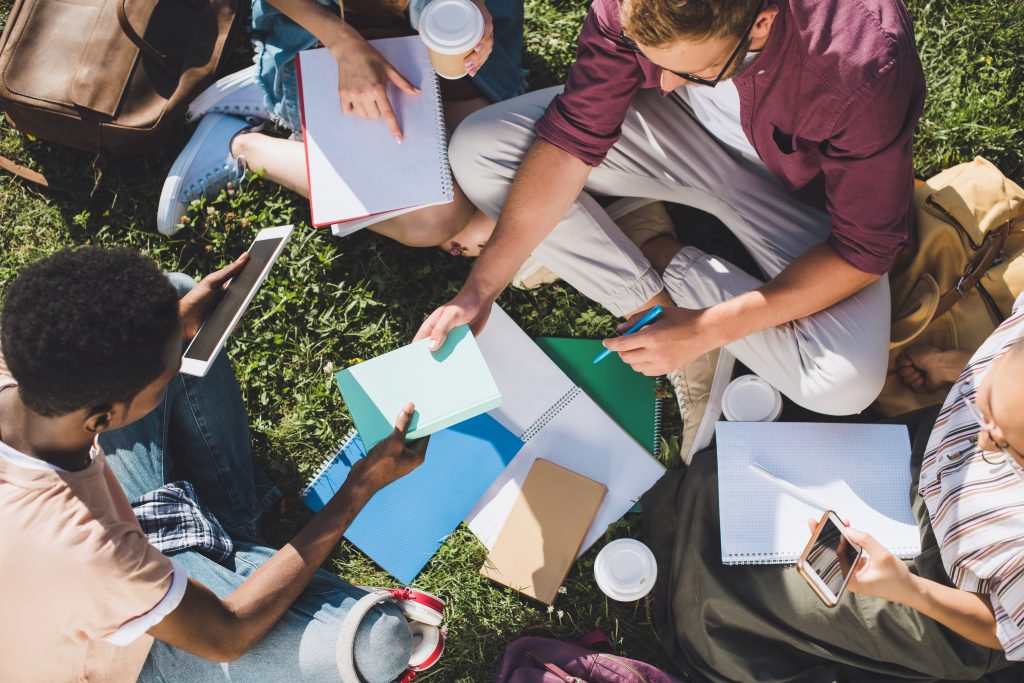Set ovenfra af forskellige studerende, der studerer sammen udendørs, sidder på græs med notesbøger, lærebøger og digitale enheder, og deltager i en gruppediskussion.