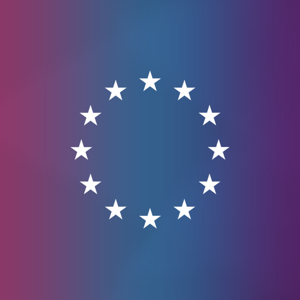 En cirkel af tolv hvide stjerner på en radial gradient baggrund, der går fra lilla til blå, der ligner den europæiske unions flag.