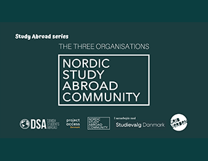 Grafik, der viser "studie i udlandet-serien" med teksten "de tre organisationer" fremhævet. indeholder logoer for dsa, access oc og studyroad danmark, der promoverer det "nordiske udlandssamfund.