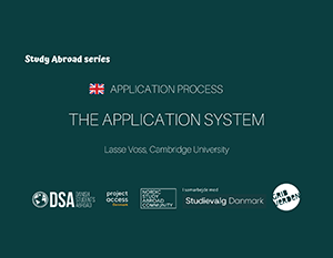 Informativ plakat for en "study abroad-serie" om ansøgningsprocessen på cambridge university, præsenteret af lasse voss, med forskellige organisationslogoer i bunden.