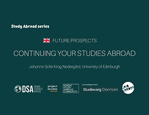 Reklamegrafik til en "udlandsstudieserie" med et oplæg med titlen "Fortsæt dine studier i udlandet" af johanne sofie krog nørgaard fra edinburgh universitet, med logoer fra forskellige uddannelsessponsorer.