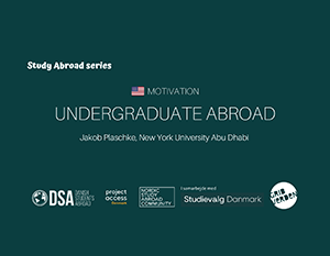 Grafik med titlen "study abroad series" med temaet "motivation" for bachelorstudier på new york university abu dhabi, med logoer for tilhørende uddannelsesprogrammer.