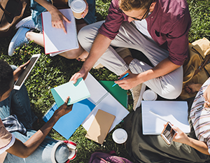 Set ovenfra af en forskelligartet gruppe studerende, der sidder på græsset og studerer sammen med notesbøger, lærebøger og digitale enheder. de er engageret i diskussion og tager noter.